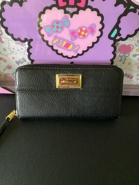 Juicy Couture Black Leather Zip-Around Wallet with Gold Plaque
